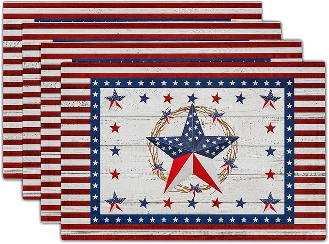 Giwawa 4PCs Patriotic Stars Placemats, 4th of July America Star Wreath Table Mat for Kitchen Dining, Independence Day Decorative Washable Linen Place Mat 12x18in for Holiday Party Picnic