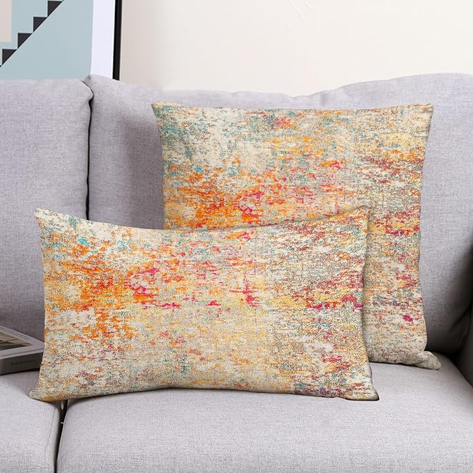 Boho Floral Throw Pillow Covers 12x20 inch Set of 2,Boho Rug Geometric Floral Pattern Decor Double Sided Pattern Cushion Cover Soft Pillow Case Living Sofa Room Bed Square Pillow Cover