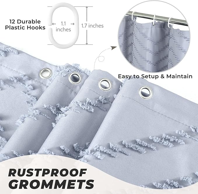 Light Blue Boho Fabric Shower Curtain Tufted Chevron Striped Textured Cloth Curtains for Bathroom, Fog Blue