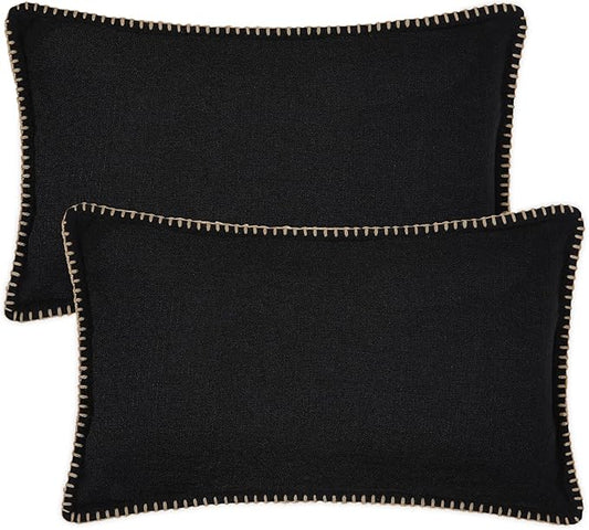 decorUhome Decorative Outdoor Throw Pillow Covers 12x20 Set of 2, Lumbar Linen Rustic Neutral Farmhouse Euro Pillow Covers with Stitched Edge for Couch, Sofa, Living Room, Black