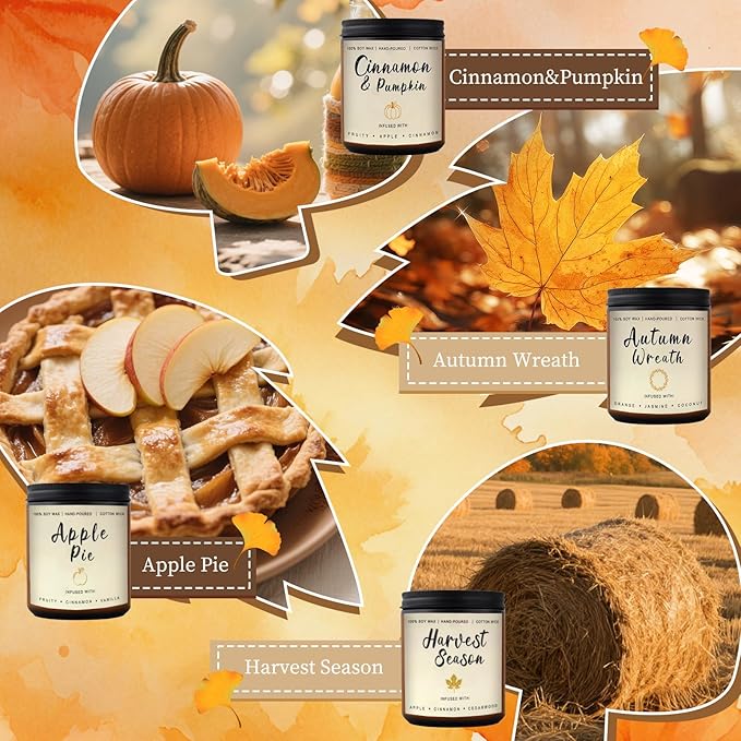 Fall Candles Gift Set – 4 Pack Scented Soy Candles for Home, Autumn Decor, Fall Decorations, Pumpkin Spice, Apple Pie, Cinnamon, Harvest – Great for Halloween & Thanksgiving Gifts
