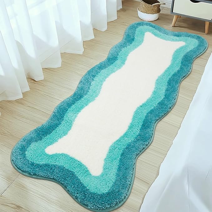 HAOCOO Irregular Shape Bathroom Rug Runner, 18x47 inch Soft Aqua Gradient Non Slip Bathtub Mat,Microfiber Washable Runner Rug Room Decor Aesthetic Carpet for Doormat Tub Bedside Bathroom Decor