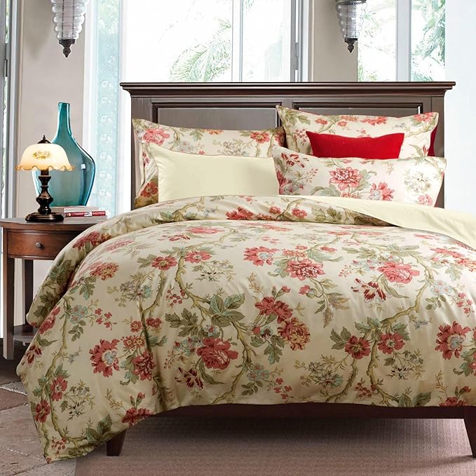 mixinni Garden Style 3 Pieces Red Flower Leaf Pattern Duvet Cover Set Queen Reversible Beige Comforter Cover Set for Women and Men, Easy Care, Soft, Durable-(3pcs, King Size)