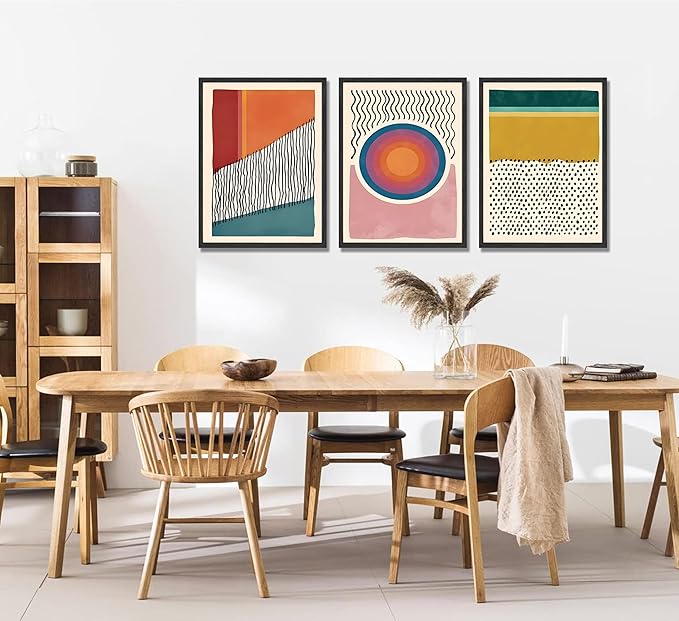 3pcs Boho Wall Art Mid Century Modern Wall Decor Posters Abstract Color Block Geometric Canvas Paintings Prints Colorful Simple Line Pictures for Living Room Bedroom Home Decoration (Unframed,