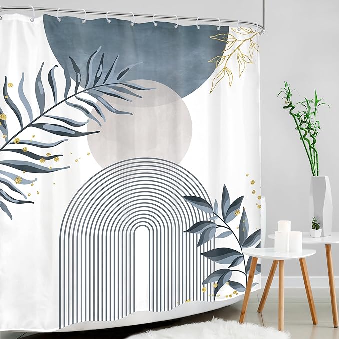 Blue Gray Boho Shower Curtain 60Wx72H Abstract Grey Bohemian Modern Leaves Mid Century Minimalist Plant Bathroom Decor Contemporary Simple Neutral Bath Curtain Fabric Polyester 12 Pack Hooks