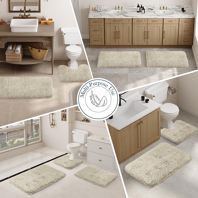 Walensee Bathroom Contour Rug (20x24, Light Tan) Non Slip Bath Mat Water Absorbent Soft Microfiber Shaggy Bathroom Mat Machine Washable Bath Rug U Shape Toilet Rug