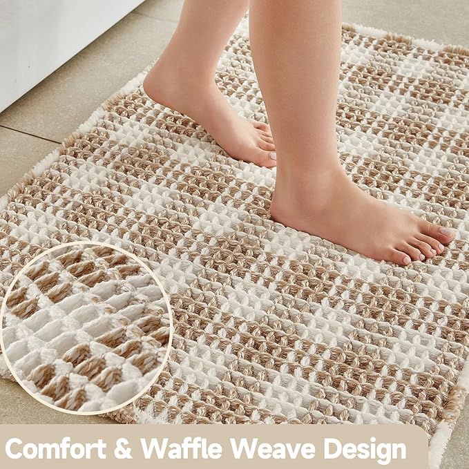 Waffle Bath Mat, Boho Bathroom Rugs Non Slip Washable Absorbent Checkered Bathroom Mat Quick Dry Farmhouse Bathroom Decor, 30"x20" Khaki and White