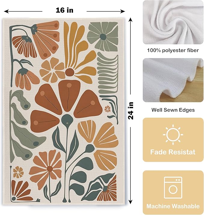 Abstract Boho Floral Kitchen Towels Set of 2, 70s Retro Groovy Dish Towels for Kitchen, Vintage Boho Hand Towels for Bathroom, 16x24 Inches