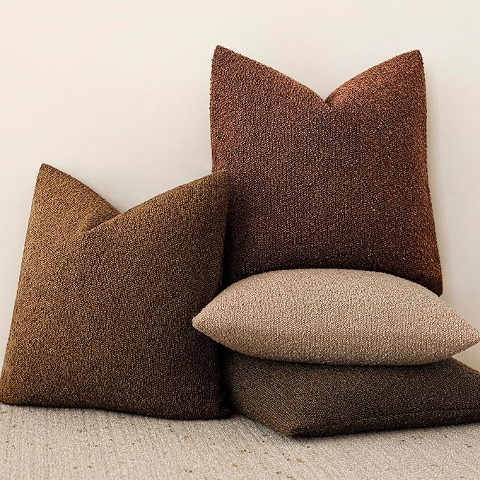 Foindtower Set of 2, Decorative Textured Boucle Throw Pillow Covers Accent Solid Pillow Cases Neutral Soft Cozy Couch Cushion Case for Chair Sofa Bedroom Living Room Home Decor 26x26 Inch Hazel Brown