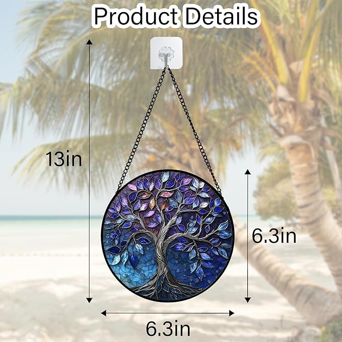 Stained Glass Window Hanging, Blue Purple Tree of Life Sun Catchers Colorful Glass Panel Plants Suncatcher Decor for Birthday for Women,Men,Wife, Lovers, and Mom 6.3 in