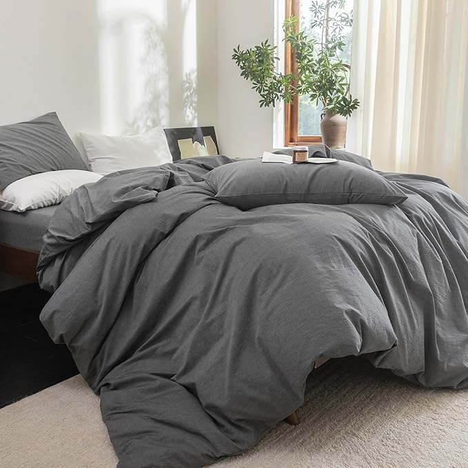 FOSSA Duvet Cover Set 100% Washed Cotton Linen Feel Super Soft Breathable Cozy 3 Pieces Bedding Sets Solid Dark Grey Queen
