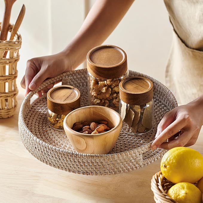 JUNGLE CULTURE Rattan Serving Tray 12" in Whitewash • Woven Serving Trays with Handles for Home • Round Decorative Dining Table Tray • Boho Wicker Serving Basket for Ottoman, Coffee Table, Couch