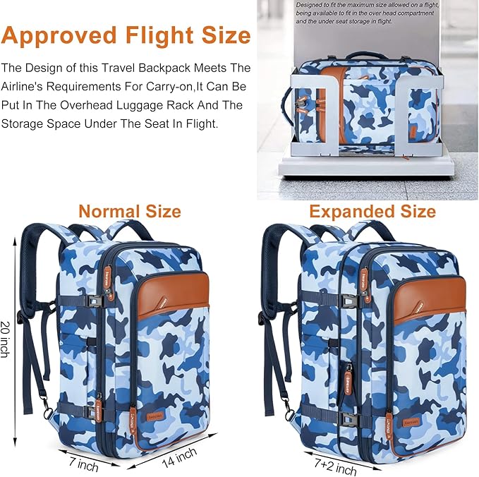 Carry on Travel Backpacks, Extra Large 40L Flight Approved Bag for Men & Women,Expandable Suitcase Backpack With 4 Packing Cubes,Water Resistant Luggage Daypack Business Weekender Bag,Camouflage Blue