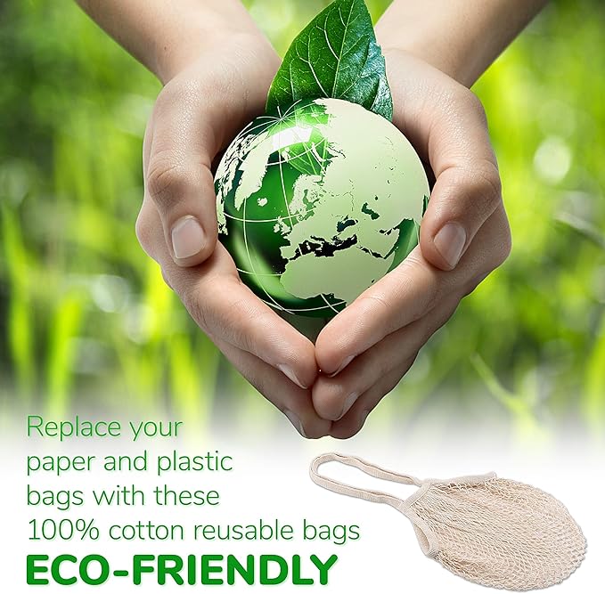 5 pack Cotton String Shopping Bags Reusable Washable Grocery Mesh Bags Organizer for Grocery Shopping Produce Net Bags with Longhandle for Fruit Vegetable Storage