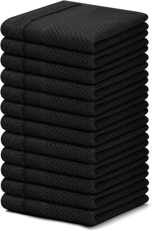 Homaxy 100% Cotton Dish Cloths, 12 Pack - 12 x 12 Inches, Waffle Weave Super Soft and Absorbent Dish Towels Quick Drying Dishcloths, Black