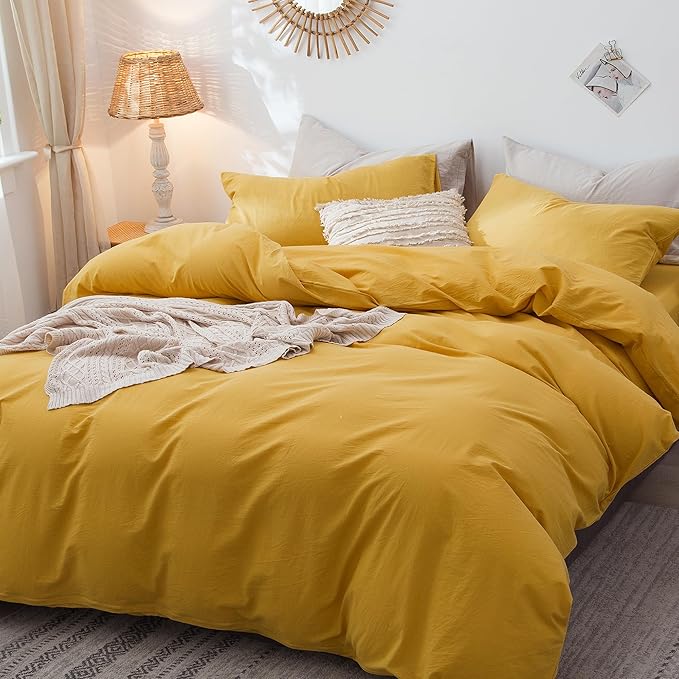 MooMee Bedding Duvet Cover Set 100% Washed Cotton Linen Like Textured Breathable Durable Soft Comfy (Solid Yellow, Cal King 104"x98")
