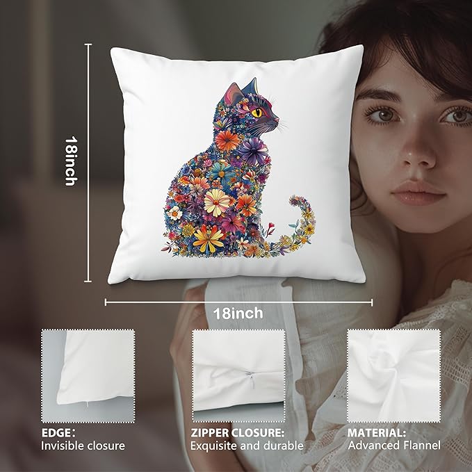 Colorful Floral Cat Pillow Covers 18x18, Gifts for Cat Lovers Mom Lady Owners, Elegant Kitten Kitty Decorative Pillow Covers for Home Bedroom Living Room Decor, Pet Lover Gifts