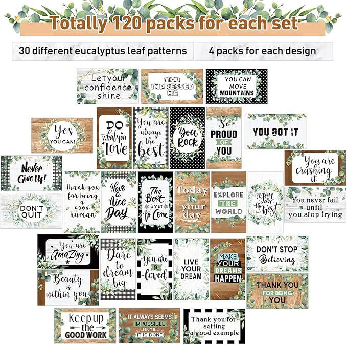 Outus 120 Pcs Motivational Encouragement Quote Cards Inspirational Kindness Appreciation Gratitude Business Cards Encouragement Mini Note Cards, 30 Styles, 3.5 x 2 Inch(Eucalyptus Leaf)