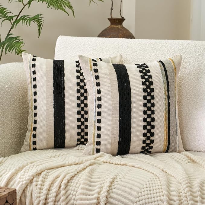 Aeckself Boho Throw Pillow Covers 18x18 Inch Set of 2, Farmhouse Decorative Striped Square Pillow Covers Chenille Tufted Pillow Cases Accent Neutral Pillowcase for Living Room Couch Bed, Black