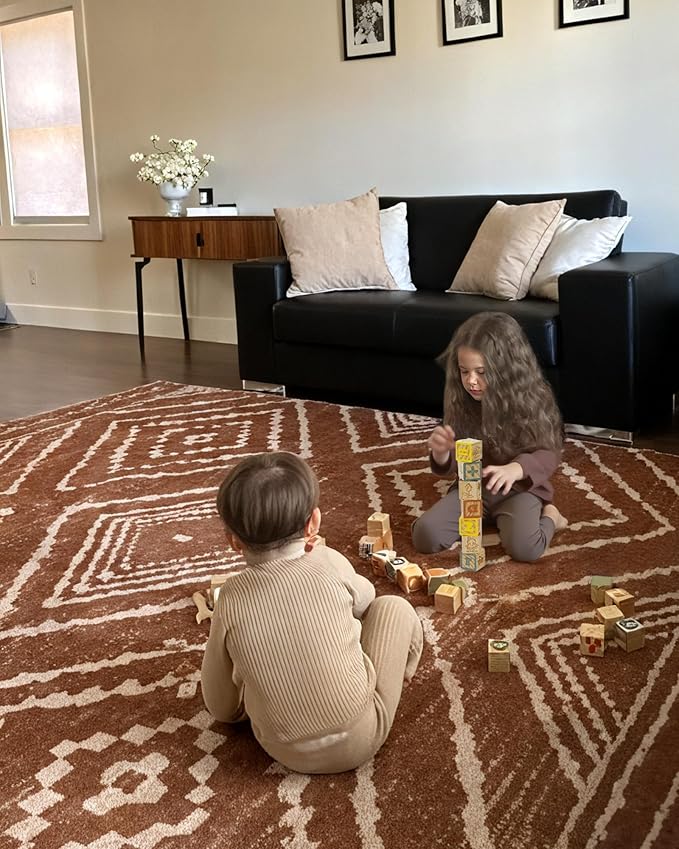 Area Rug 4x6 Rug Machine Washable Non-Slip Low Pile Print Pattern Western Rug for Living Room Bedroom Entryway Tribal Series -Yellowbrown/Cream