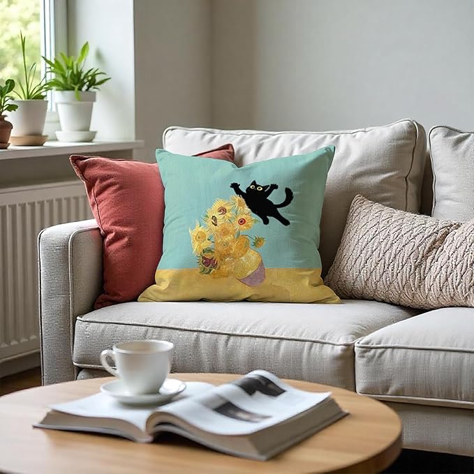 Floral Black Cat Pillow Covers 18x18, Cats Lovers Mom Grandma Gifts for Mother's Day, Funny Van Gogh Sunflower Black Cat Art Pillow Covers for Home Bedroom Living Room Office Decor