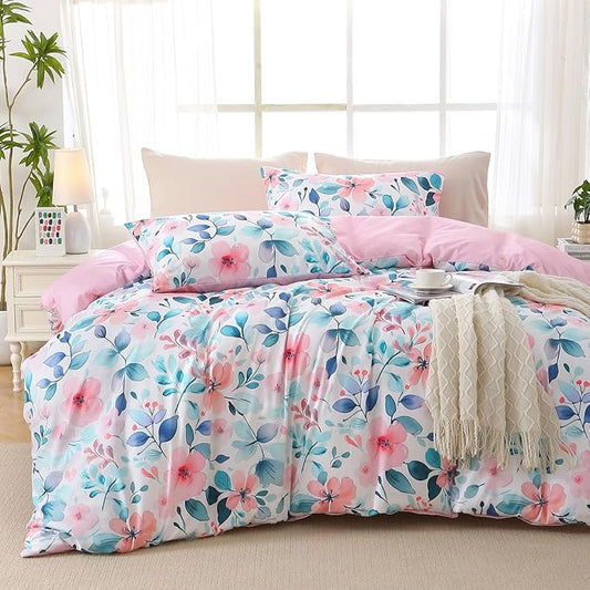 MUXHOMO Duvet Cover Queen Size, Reversible Floral Vintage Duvet Cover Set with Zipper Closure, 3 Pieces Botanical Patterns Soft Microfiber Bedding Set (90"x90", 2 Pillow Cases, Pink Blue Branch)