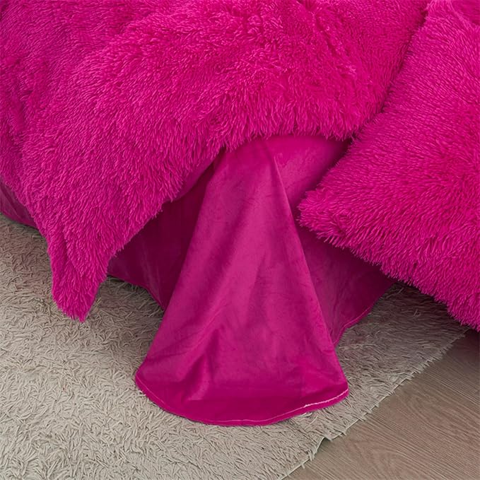MorroMorn 5 PCS Plush Shaggy Duvet Cover Sets, Luxury Shag Fluffy Comforter Cover Fuzzy Bedding Set - Long Faux Fur Ultra Soft Cozy (Hot Pink, Full/Queen)