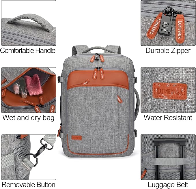 Carry on Travel Backpacks, Extra Large 40L Flight Approved Bag for Men & Women,Expandable Suitcase Backpack With 4 Packing Cubes,Water Resistant Luggage Daypack Business Weekender Bag,Grey