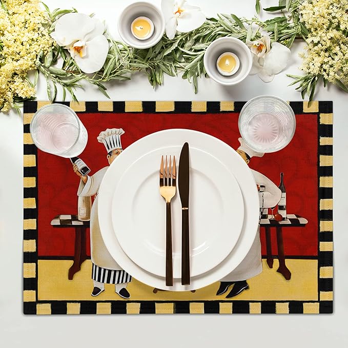 Giwawa Fat Chef Placemats Italian Pizza Bistro Anti-Fatigue Red Wine Linen Table Mat Set of 4 Cooking Food Heat Stain Resistant Place Mats for Dining Kitchen Party Holiday Decoration