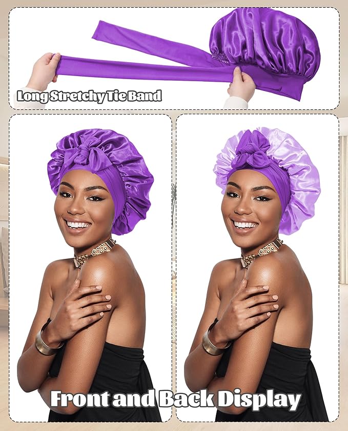 Satin Bonnet Silk Bonnet for Sleeping Silk Sleep Cap Double Layer Hair Bonnet with Elastic Tie Band for Curly Hair Night Cap (Dark Purple+Light Purple)