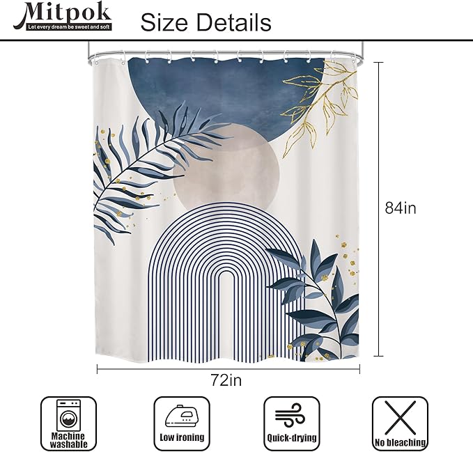 Blue Gray Boho Shower Curtain 72Wx84H Extra Long Dusty Blue Modern Bohemian Abstract Gold Leaf Mid Century Plant Bathroom Decor Minimalist Geometric Bath Curtain Fabric Polyester 12 Pack Hooks