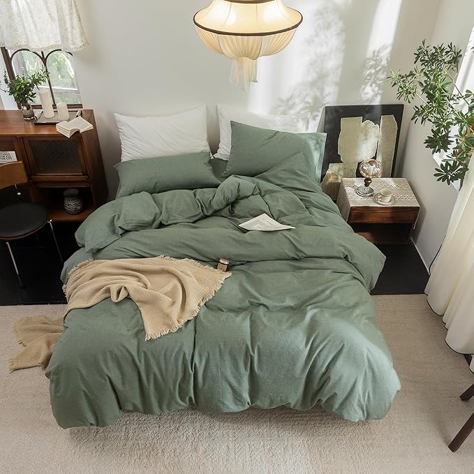 FOSSA Duvet Cover Set 100% Washed Cotton Linen Feel Super Soft Breathable Cozy Simple Style 3 Pieces Bedding Sets Solid Heathered Green Oversized King