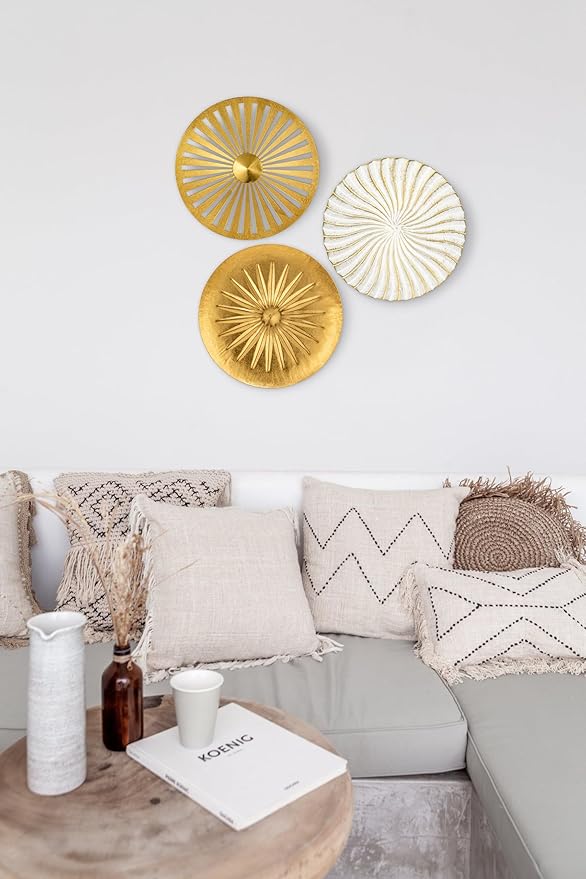 Briful 12" Wall Décor Pack of 3 Metal Gold & White Washed Starbursts Radial Plate Wall Art Modern Accent Hanging Wall Decorations For Home Office Bedroom Or Living Room Wall Sculptures