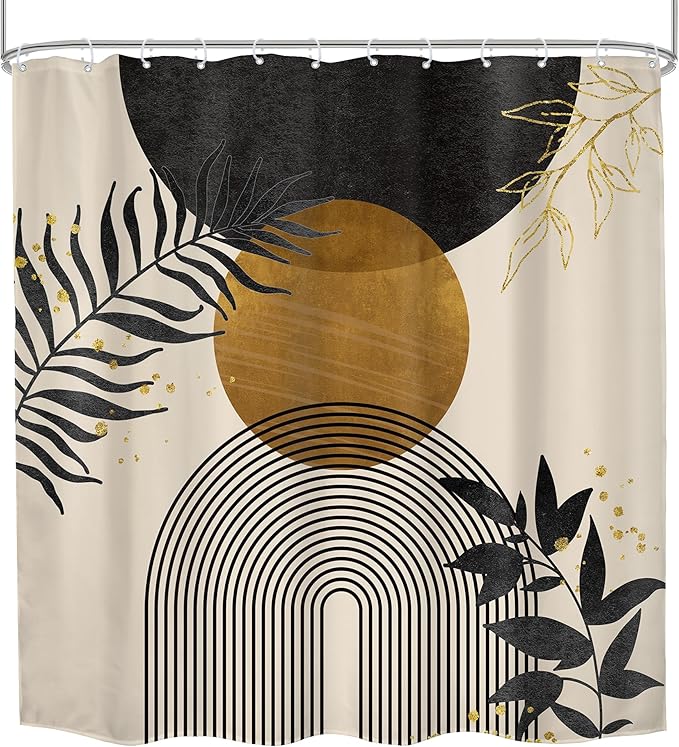 Black Boho Shower Curtain 72Wx72H Mid Century Gold Leaves Modern Bohemian Abstract Bathroom Decor Plant Botanical Minimalist Geometric Bath Curtain Fabric Polyester 12 Pack Hooks