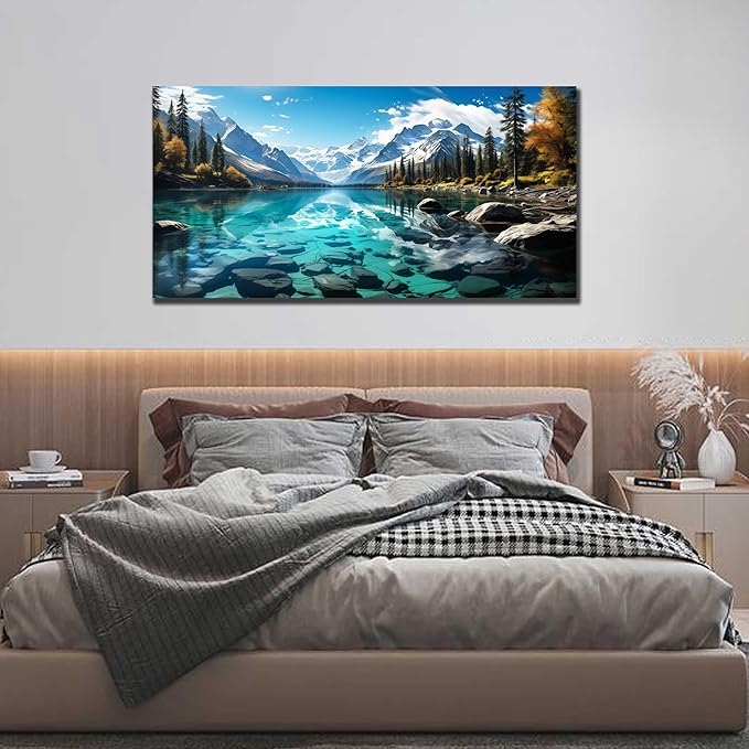 LAOTOART Snowy Mountain Wall Canvas Art for Living Room - Natural Landscape Art Work for Office Walls - Teal Bedroom Wall Decor Above Bed Size 24" x 48"