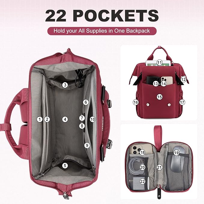 LOVEVOOK Laptop Backpack for Women Work Travel Backpack Teacher Commuter Business Computer Bag Doctor Nurse Bags College Backpack Purse, 15.6 Inch, Wine Red-black