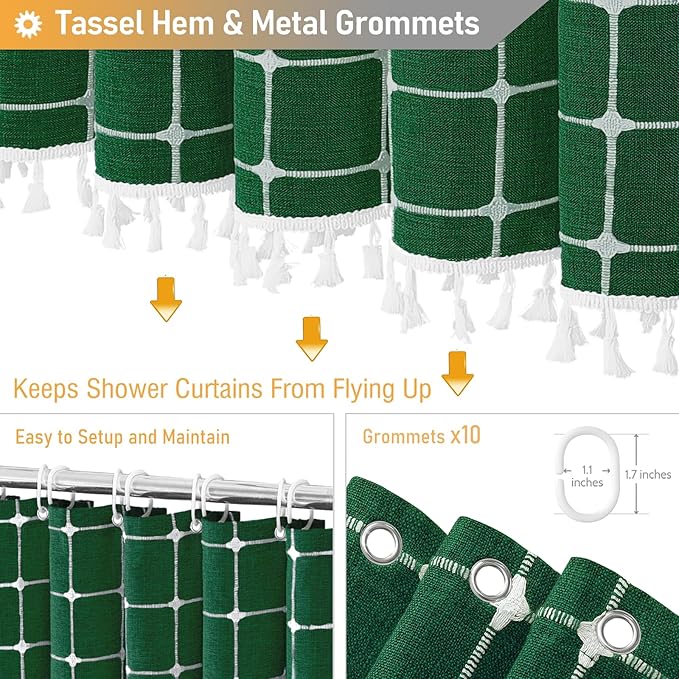 BTTN 60 Inch Stall Shower Curtain - Boho Farmhouse Linen Thick Fabric Cloth Shower Curtain Set with 10 Plastic Hooks, Bohemian Country Decorative Shower Curtain for Bathroom - 60x72 - Emerald Green