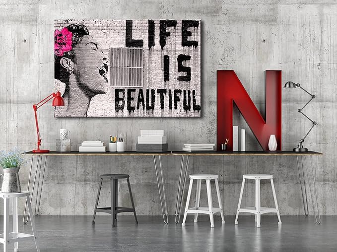 Wieco Art Banksy Life is Beautiful Modern Gallery Wrapped Grey Love Abstract Artwork Paintings Pictures Large Giclee Canvas Prints Wall Art Ready to Hang for Living Room Home Office Decor