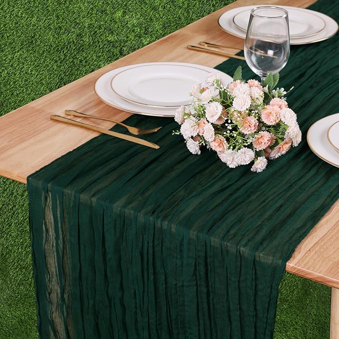 Cheesecloth Table Runner 13.3FT Long Boho Table Runner Vintage Rustic Gauze Wedding Dining Table Decorations for Holiday Birthday Party Baby Shower Event Decorations (Dark Green,35x160 Inch)