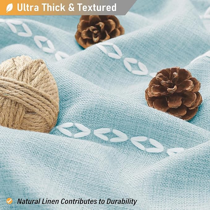 BTTN Extra Long Shower Curtain - 72x84 Long Boho Chic Striped Tassel Linen Fabric Shower Curtain Set with Hook, Tall Modern Farmhouse Cute Heavy Duty Cloth Shower Curtains for Bathroom - Fog Blue