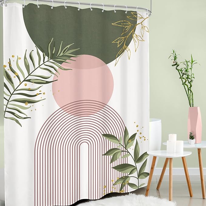 Pink Green Boho Shower Curtain 72Wx96H Extra Long Modern Bohemian Abstract Sage Green Gold Leaves Mid Century Plant Minimalist Bathroom Decor Arch Bath Curtain Fabric Polyester 12 Pack Hooks