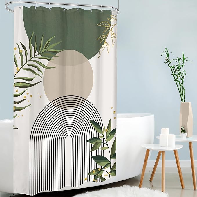 Stall Small Boho Shower Curtain 48Wx72H Rv Sage Green Modern Bohemian Abstract Leaves Mid Century Plant Half Narrow Bathroom Decor Minimalist Geometric Bath Curtain Fabric Polyester 8 Pack Hook