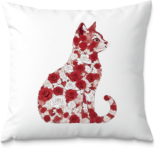 Red and White Rose Floral Cat Pillow Covers 18x18, Gifts for Cat Lovers Mom Lady Owners, Elegant Kitten Kitty Decorative Pillow Covers for Home Bedroom Living Room Decor, Pet Lover Gifts
