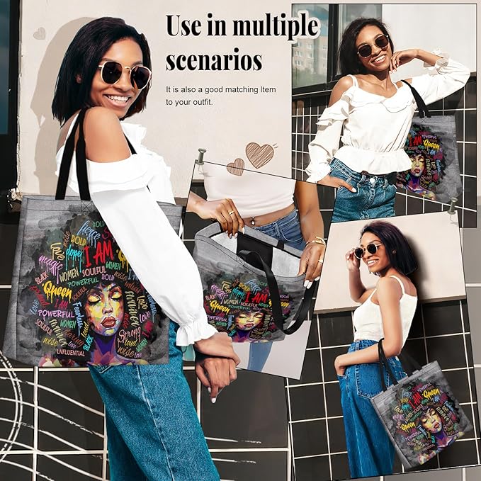 African American Women Tote Bag Black Shoulder Handbag For Women Fit Work Beach Labtops With Zip