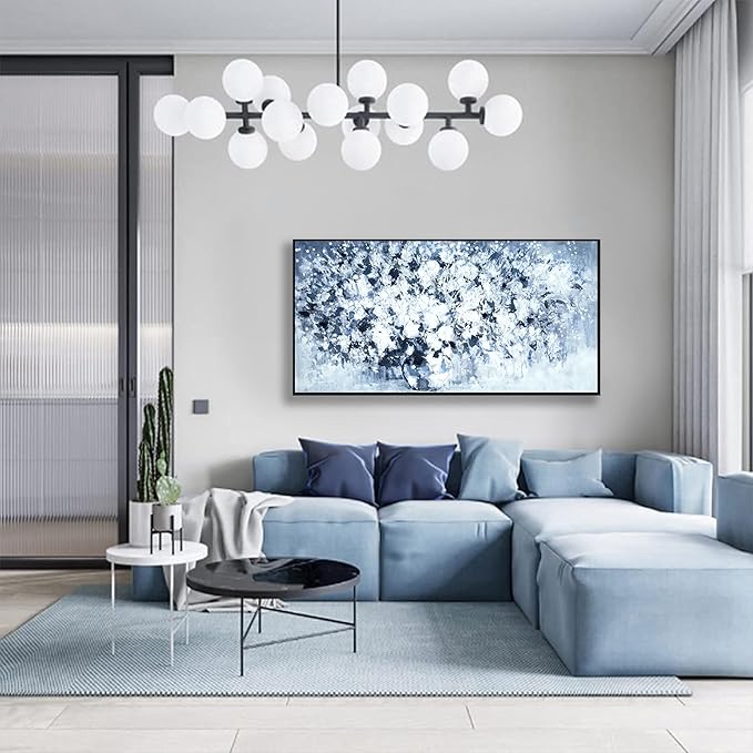 Wall Art Canvas Print Art Dark Blue And White Flowers Botanical Abstract Pictures Artwork For Bedroom Modern Hand Painted Wall Decor Floral Painting Home Decorations With Framed 20x40 Inch