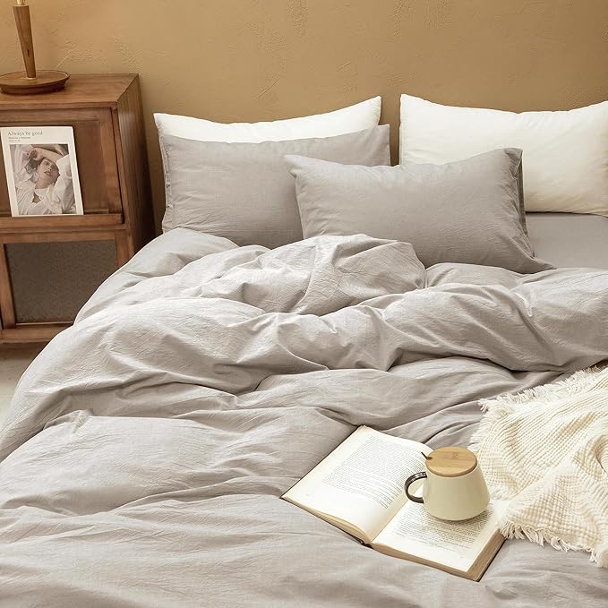 FOSSA Duvet Cover Set 100% Washed Cotton Linen Feel Super Soft Breathable Cozy 3 Pieces Bedding Sets Solid Tannish Linen Grey California King