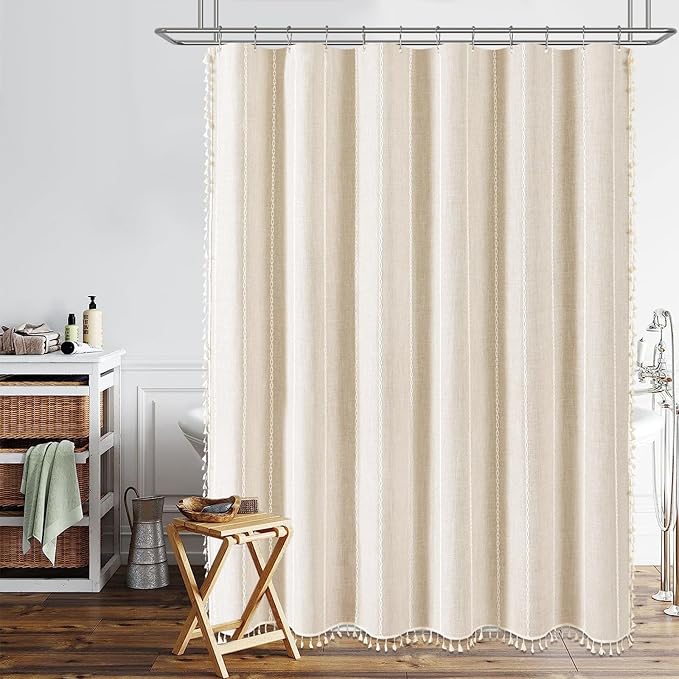 BTTN Stall Fabric Shower Curtain - 54x78 Boho Striped Linen Heavy Duty Tassel Shower Curtain Set with 10 Hooks, Narrow Rustic Modern Farmhouse Bohemian Thick Shower Curtains for Bathroom - Cream/Beige