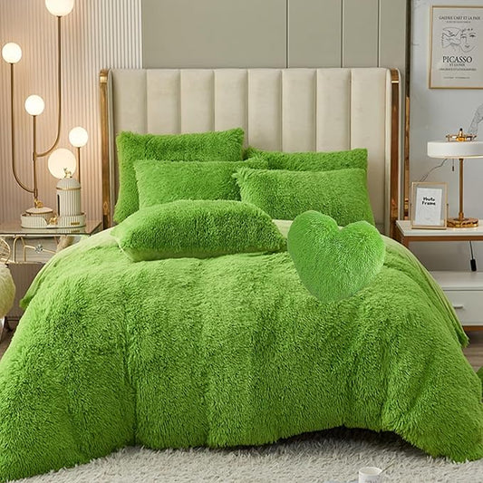 MorroMorn 5 PCS Shaggy Duvet Cover Bedding Set - Fluffy Comforter Cover Long Faux Fur Luxury Ultra Soft Cozy (Green, King/California King)