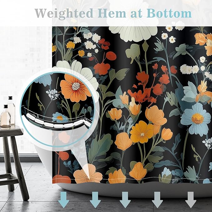 Aimego Black Floral Shower Curtain - Colorful Red Dark Flowers Spring Plants Boho Chic Botanical Leaves Fabric Cloth Bath Shower Curtain Set with 12 Hooks for Bathroom Decor Accessories, 72"x72"