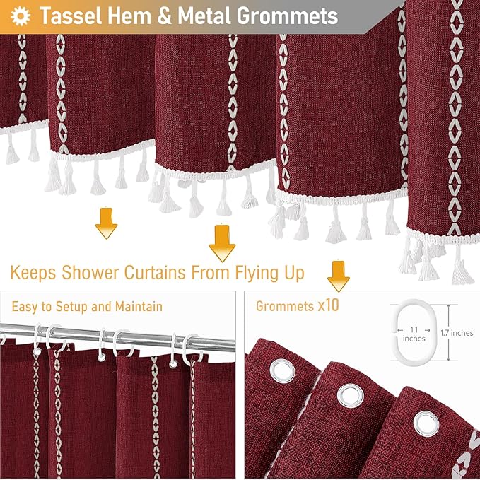 BTTN Stall Fabric Shower Curtain - 54x78 Boho Striped Linen Heavy Duty Tassel Shower Curtain Set with 10 Hooks, Narrow Rustic Modern Farmhouse Bohemian Thick Shower Curtains for Bathroom - Burgundy